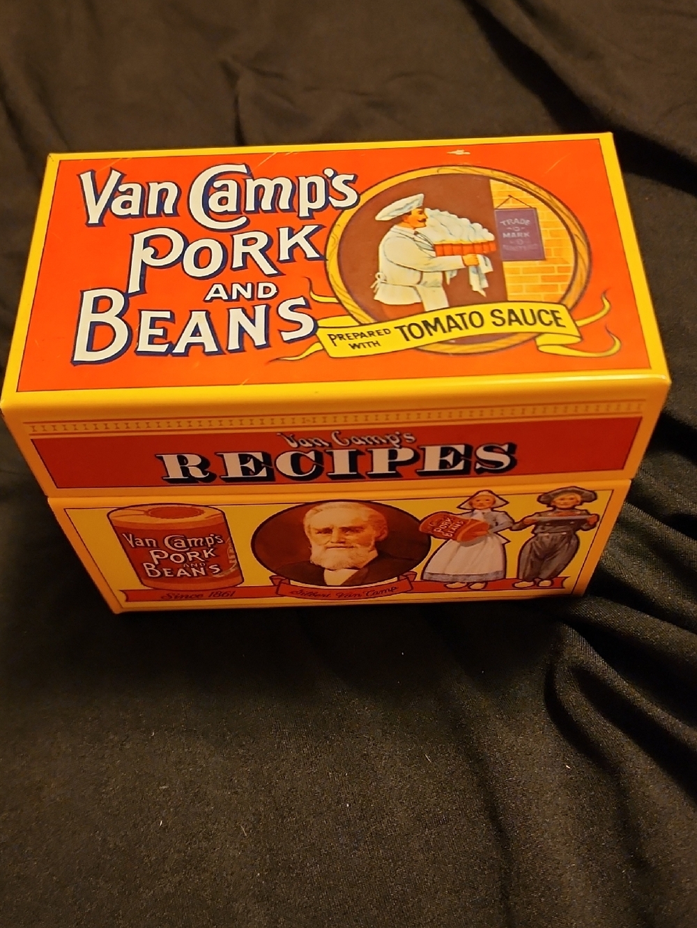 Vintage 1986 Van Camp's Pork and Beans Recipe Box - Bright Orange & Yellow